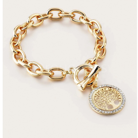 Tree Charm Rhinestone Gold Tone Chain Dangle Bracelet - Picture 1 of 6
